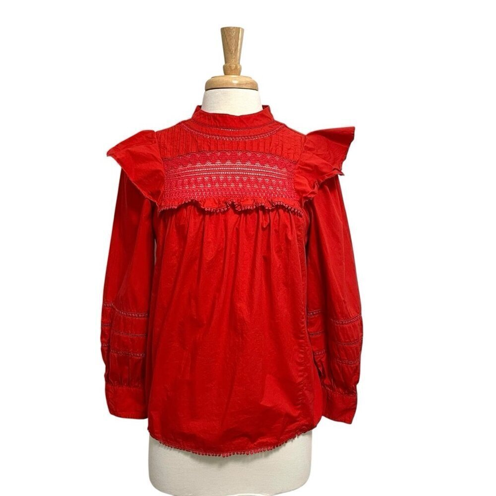 J. Crew Embroidered Crochet Ruffle Romantic High Neck Blouse Top Red size Small